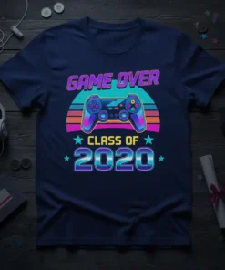 Retro "Game Over Class of 2020" gamer graduation t-shirt design with a video game controller and colorful sunset graphic