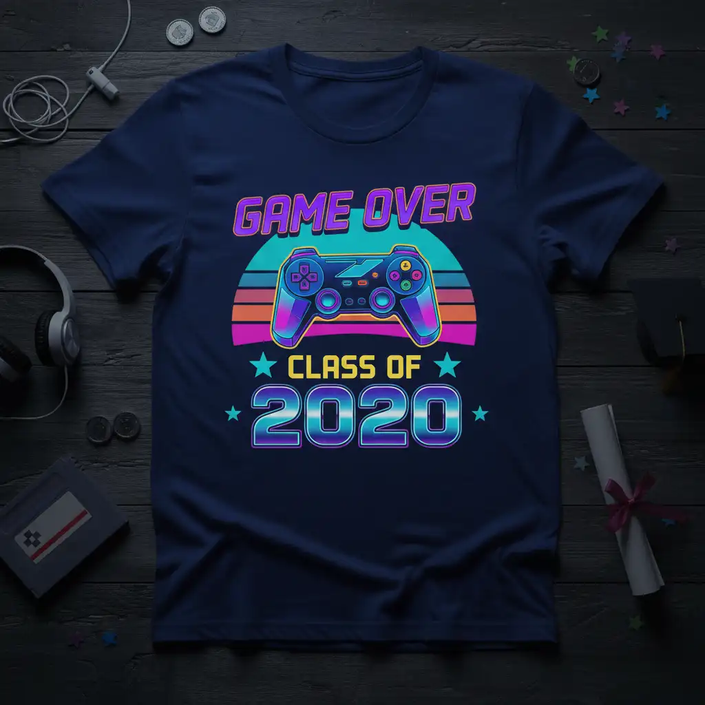 Game Over Class of 2020 gamer graduation t-shirt with retro controller and sunset graphic