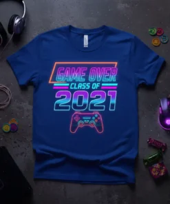 Game Over Class of 2021 graduation t-shirt with neon retro design and video game controller graphic