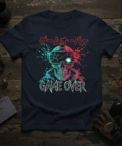 Game Over Skull VR Headset T-Shirt eye-catching graphic design printed on comfortable cotton t-shirt