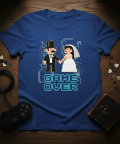 Pixel art Game Over Wedding Gamer Couple T-Shirt featuring retro bride and groom figures and neon text