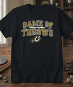 Black t-shirt with "Game of Throws" text in gold and white, featuring a football graphic