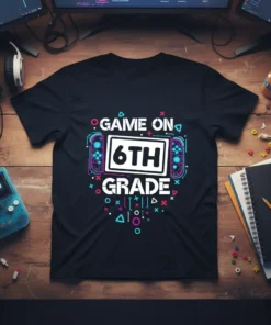 Game On 6th Grade text and gaming console graphic on a black t-shirt design