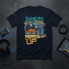 Game On Press Start Level Up text with vintage video game controller graphic on a dark t-shirt