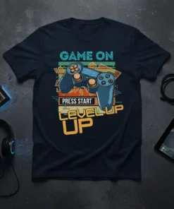 Game On Press Start Level Up text with vintage video game controller graphic on a dark t-shirt