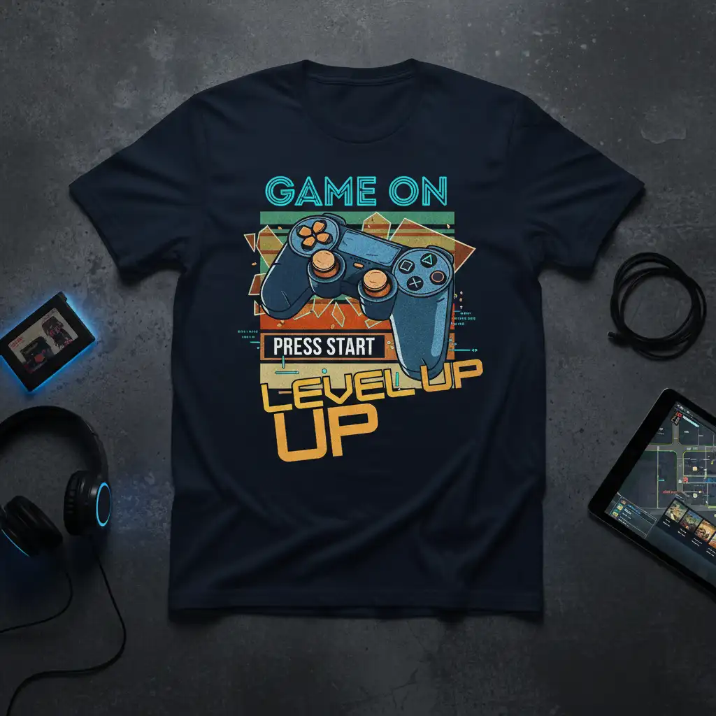Game On Press Start Level Up quote with a vintage video game controller illustration on a tee