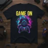 Game On text with a neon samurai warrior holding a video game controller, vibrant colors, graphic t-shirt design