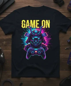 Game On text with a neon samurai warrior holding a video game controller, vibrant colors, graphic t-shirt design