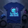 Gamer Axolotl T-Shirt with blue axolotl character wearing headphones and holding a game controller, text reads GAMER AXOLOTOL