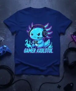 Gamer Axolotl T-Shirt with blue axolotl character wearing headphones and holding a game controller, text reads GAMER AXOLOTOL