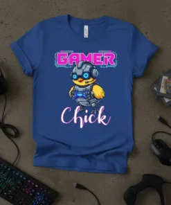 Gamer Chick T-Shirt design with a robotic chick holding a controller and the word GAMER above and Chick below