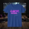 Gamer Girl neon heartbeat design with controller on a blue t-shirt