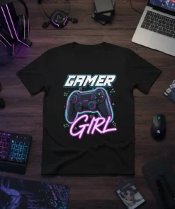 Gamer Girl t-shirt design with neon controller graphic and bold text