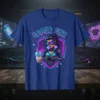 Gamer Girl T-Shirt design featuring a woman in futuristic gear holding a game controller and a boba drink, with neon