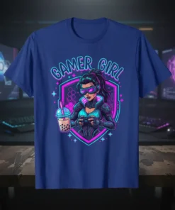 Gamer Girl T-Shirt design featuring a woman in futuristic gear holding a game controller and a boba drink, with neon