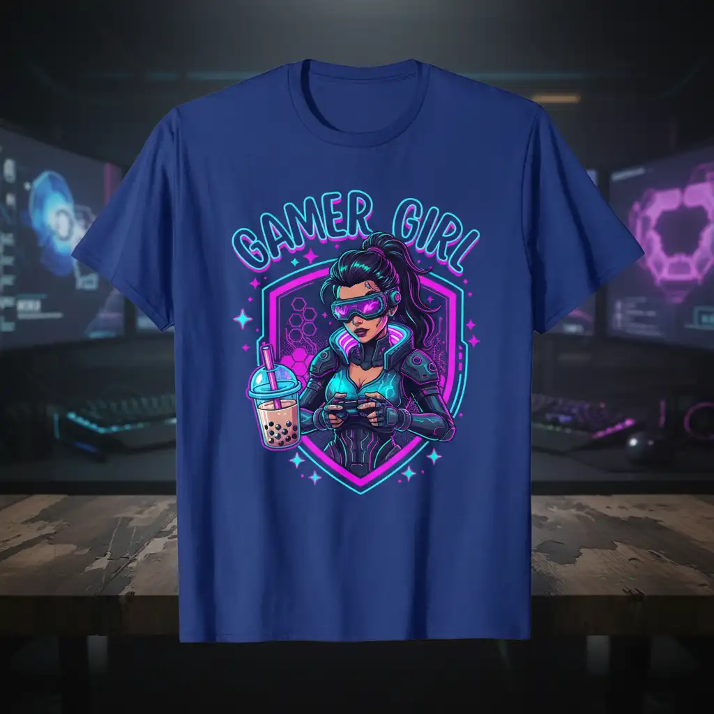 Vibrant Gamer Girl T-Shirt design with neon outlines of a female gamer and boba drink