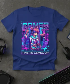 Gamer Girl Time To Level Up anime design featuring a girl playing video games, neon city background, and gaming text