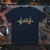 Gamer heartbeat shirt with a colorful pulse line graphic featuring stylized gaming figures