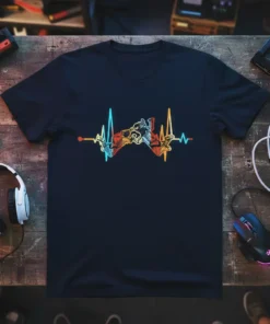 Gamer heartbeat shirt with a colorful pulse line graphic featuring stylized gaming figures
