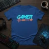 Gamer heartbeat t-shirt design with neon blue text and orange heartbeat and progress bar