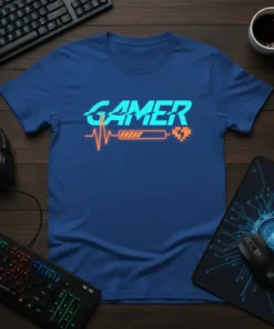Gamer heartbeat t-shirt design with neon blue text and orange heartbeat and progress bar