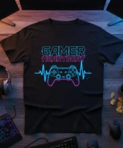 Black t-shirt with neon blue and pink "GAMER HEARTBEAT" text above a gamepad controller icon integrated into a heartbeat line
