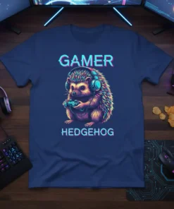 Gamer Hedgehog T-Shirt design with a cute hedgehog wearing headphones and holding a game controller, text reads GAMER HEDGEHOG