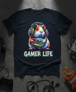 GAMER LIFE text with a colorful guinea pig wearing headphones and holding a video game controller on a dark t-shirt