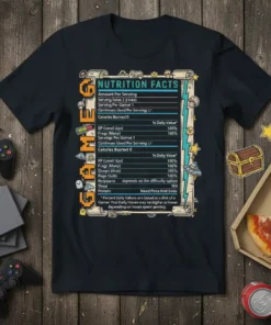 Nutrition Facts Serving Sete text design featuring bold typography on quality t-shirt