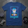 Pixel art Gamer Penguin T-Shirt design with a penguin wearing headphones and holding a game controller