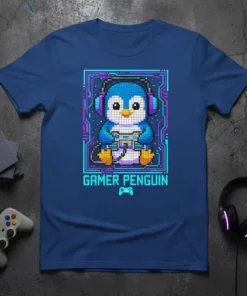 Pixel art Gamer Penguin T-Shirt design with a penguin wearing headphones and holding a game controller