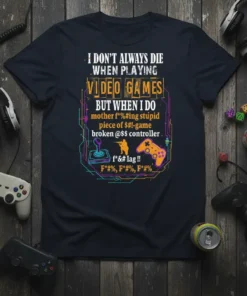 T-shirt with "I DON'T ALWAYS DIE WHEN PLAYING VIDEO GAMES" quote, featuring gamer graphics and humorous text about lag and