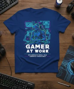 Blue t-shirt with "Gamer At Work Eye Contact & Small Talk Currently Unavailable" text and VR gamer graphic