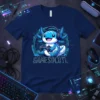 GAMESOLOTL text below a cute cartoon axolotl wearing headphones and holding a video game controller, on a navy blue t-shirt