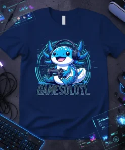 GAMESOLOTL text below a cute cartoon axolotl wearing headphones and holding a video game controller, on a navy blue t-shirt
