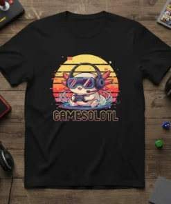 GAMESOLOTL text on a black t-shirt with a cute axolotl wearing headphones and playing video games, retro sunset graphic