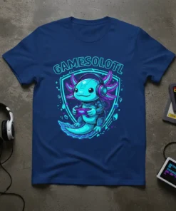 Gamesolotl text above a cute axolotl character wearing headphones and holding a game controller on a t-shirt