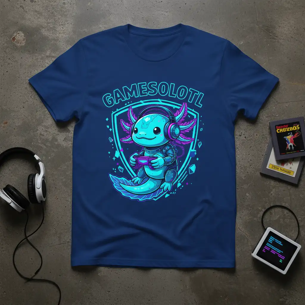 Gamesolotl text and cute axolotl gamer illustration with neon accents on a blue tee