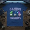 Gaming With My Gnomies T-Shirt featuring three gnomes holding controllers and wearing gaming-themed hats, with bold text