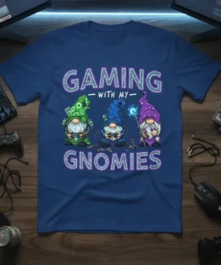 Gaming With My Gnomies T-Shirt featuring three gnomes holding controllers and wearing gaming-themed hats, with bold text