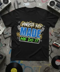 Gangsta Rap Made Me Do It quote on a black t-shirt with vintage microphones and gold chains graphic