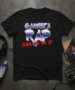 Gangsta Rap Made Me Do It text design on a black t-shirt, inspired by 90s hip hop culture