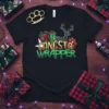 Gangsta Wrapper text with a deer graphic and gift boxes on a black t-shirt