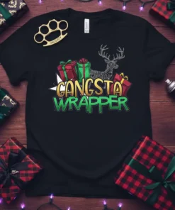 Gangsta Wrapper text with a deer graphic and gift boxes on a black t-shirt