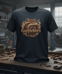 Gapplebee's logo with a turbocharger inside an apple design on a dark t-shirt