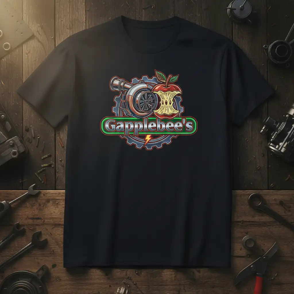 Gapplebee's logo with turbocharger and bitten apple graphic on a dark t-shirt