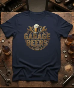 Garage Beers t-shirt design with vintage distressed text, a beer mug, and wrenches