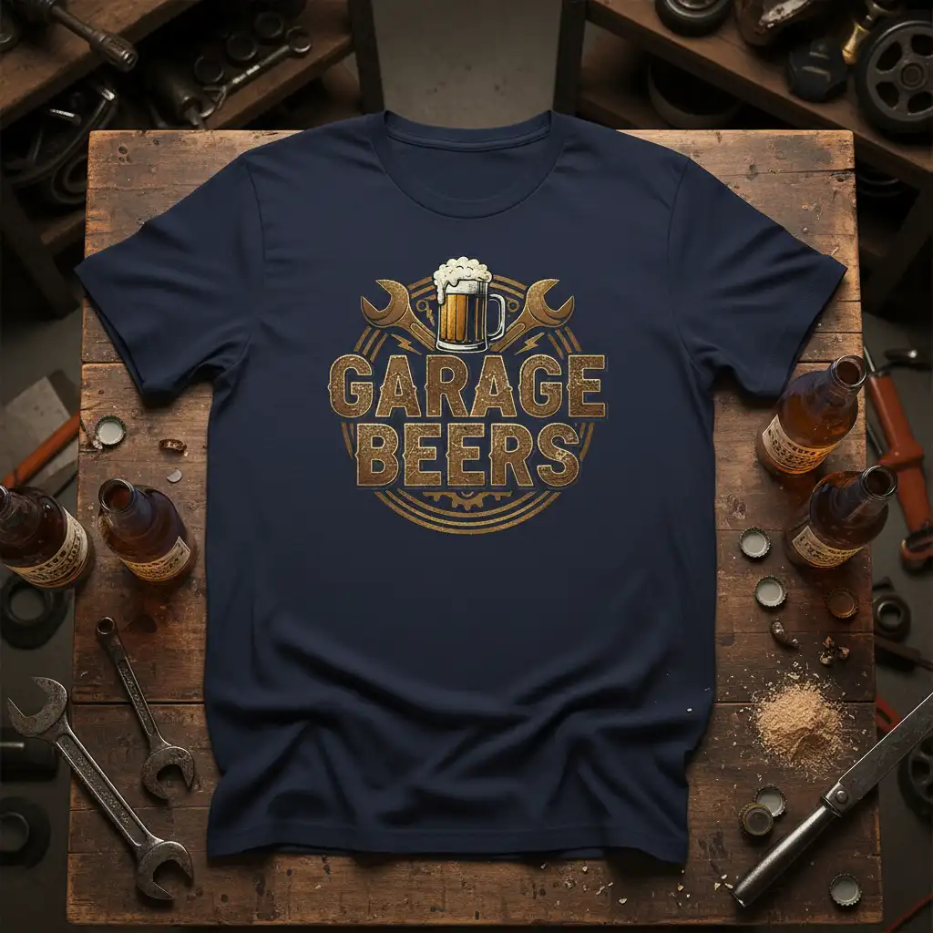 Garage Beers t-shirt design featuring distressed text, beer mug, and mechanic tools