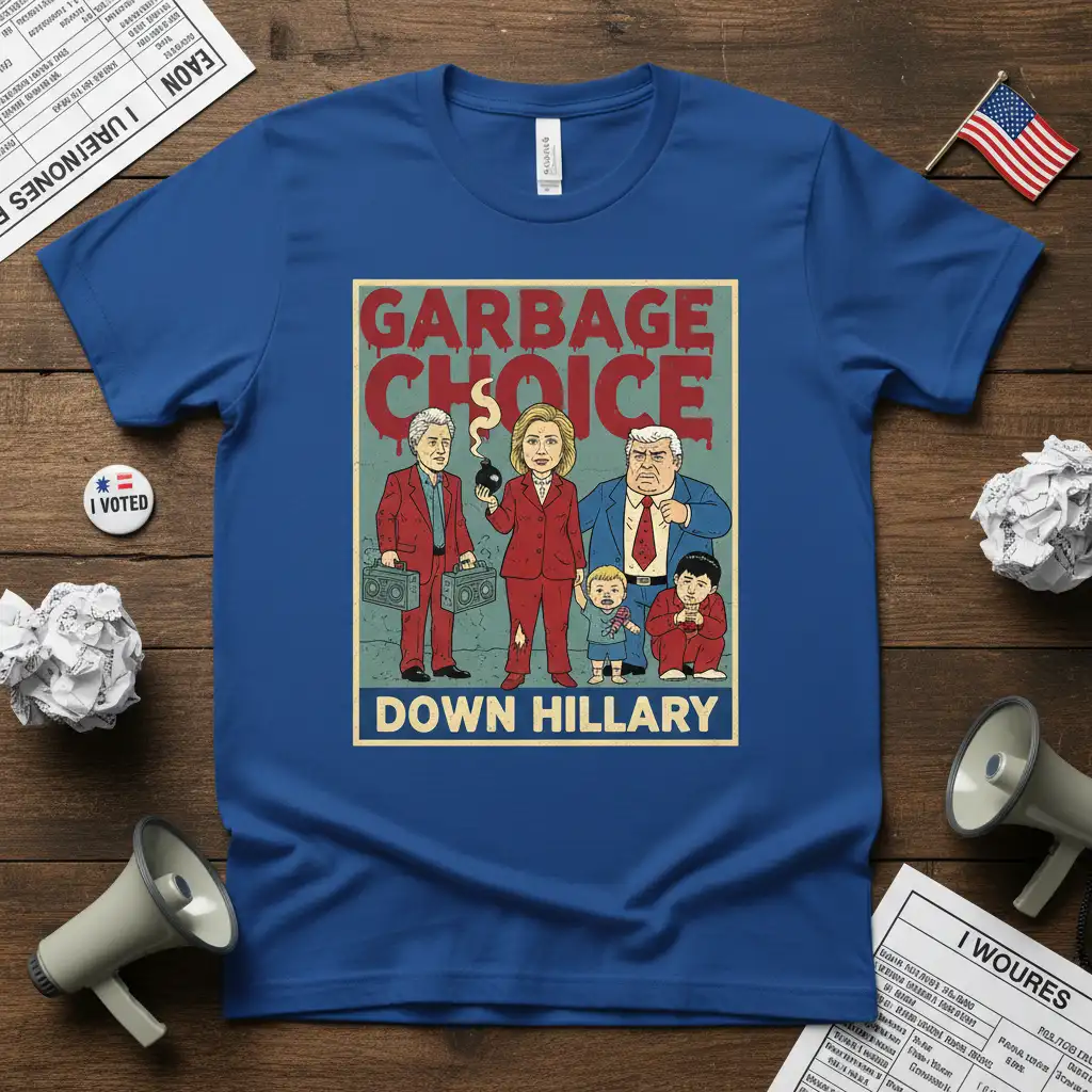 Garbage Choice Down Hillary political t-shirt design with cartoon caricatures of political figures