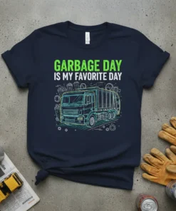 Garbage Day Is My Favorite Day t-shirt with a neon outline of a garbage truck and trash cans